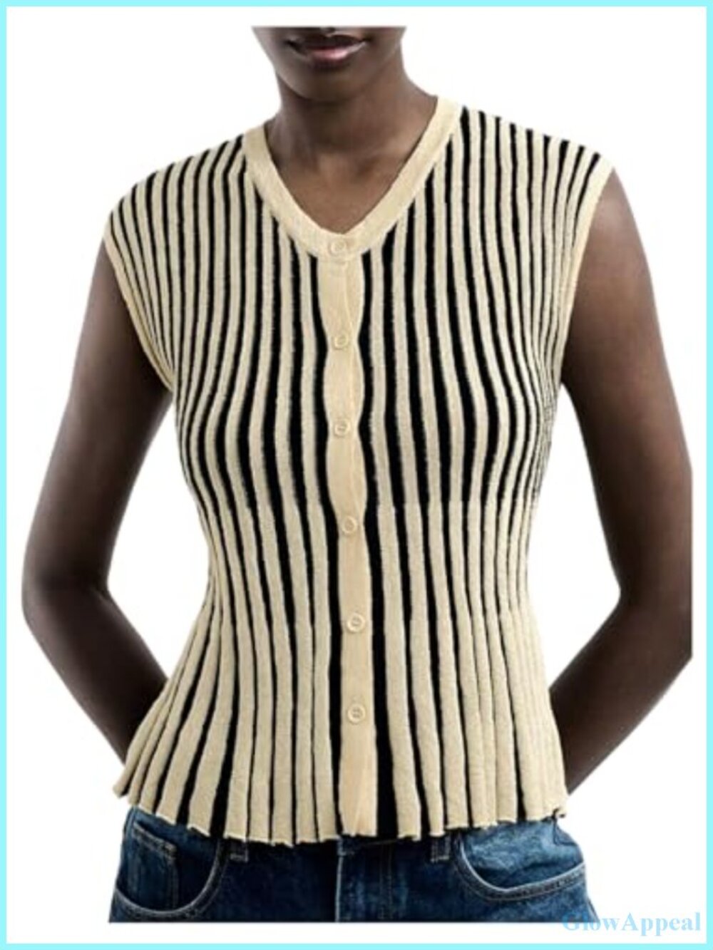 Striped Knit Sweater Vest V-Neck Sleeveless Button Front